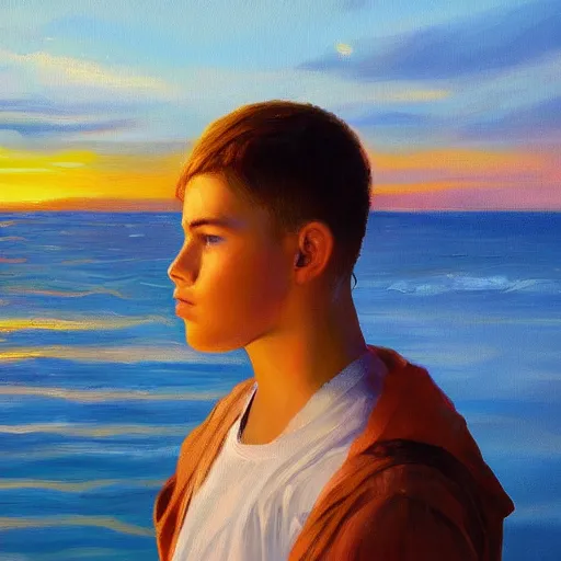 Prompt: an influencer teen guy portrait, sunset, ocean in distance, oil painting, pale colors, high detail, 8 k, wide angle, trending on artstation,