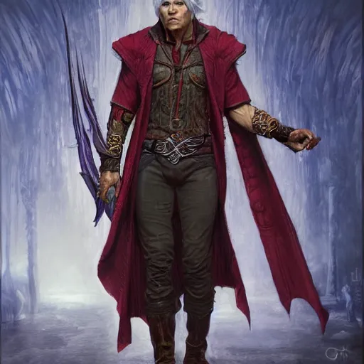 Image similar to Dante from DMC as a fantasy D&D character, portrait art by Donato Giancola and James Gurney, digital art, trending on artstation