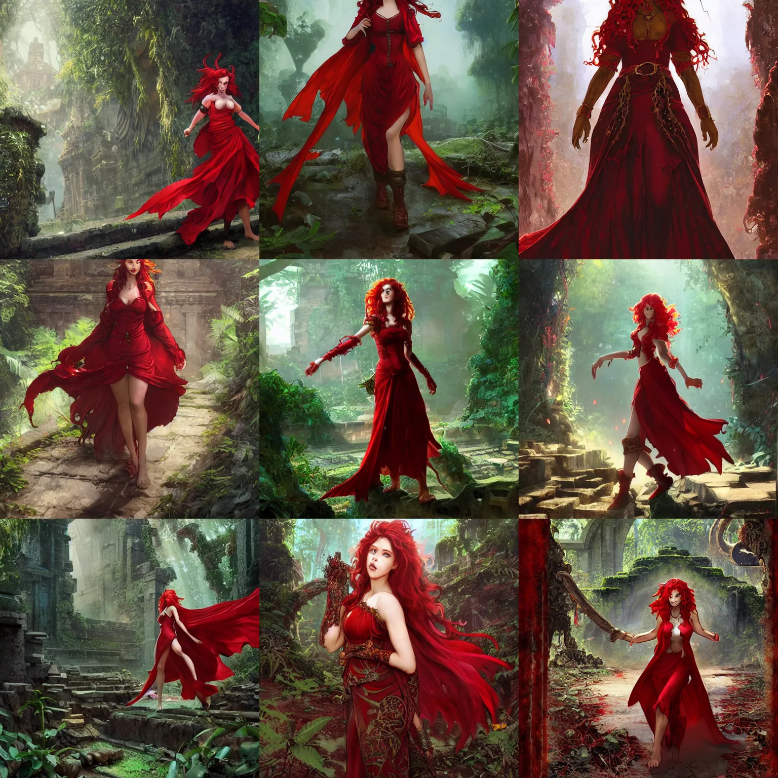 Prompt: a female draconic sorceress with curly red hair wearing a red dress and a red coat exploring the ruins of an abandoned maya city in the jungle, fantasy, seinen, highly detailed, digital painting, pixiv, concept art, character art, art by greg rutkowski, tyler jacobson, alphonse mucha, ross tran and makoto shinkai