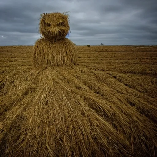 Prompt: a detailed hay monster in a field looking ominously at the camera