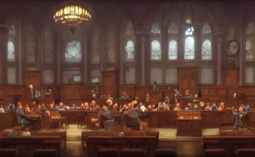 Image similar to the courtroom, in the center is a bald man in a skirt, no blur, 4 k resolution, ultra detailed, style of marc simonetti, tyler edlin, deviantart