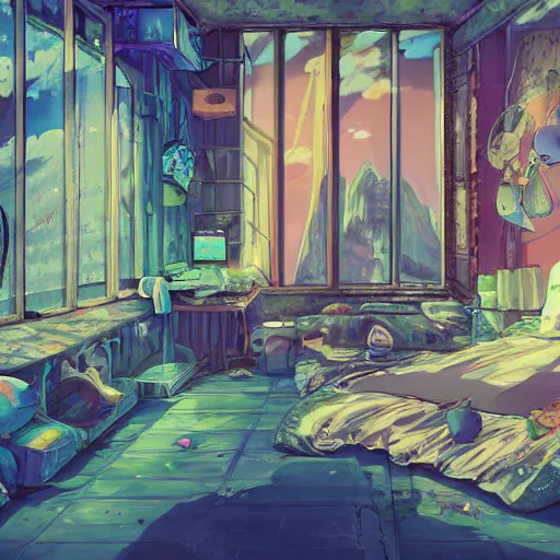 Image similar to painted anime background of the interior of a bedroom in the slums built from various coral seashells and being reclaimed by nature, nostalgia, vaporwave, litter, steampunk, cyberpunk, caustics, anime, vhs distortion, inspired by splatoon by nintendo, art created by miyazaki