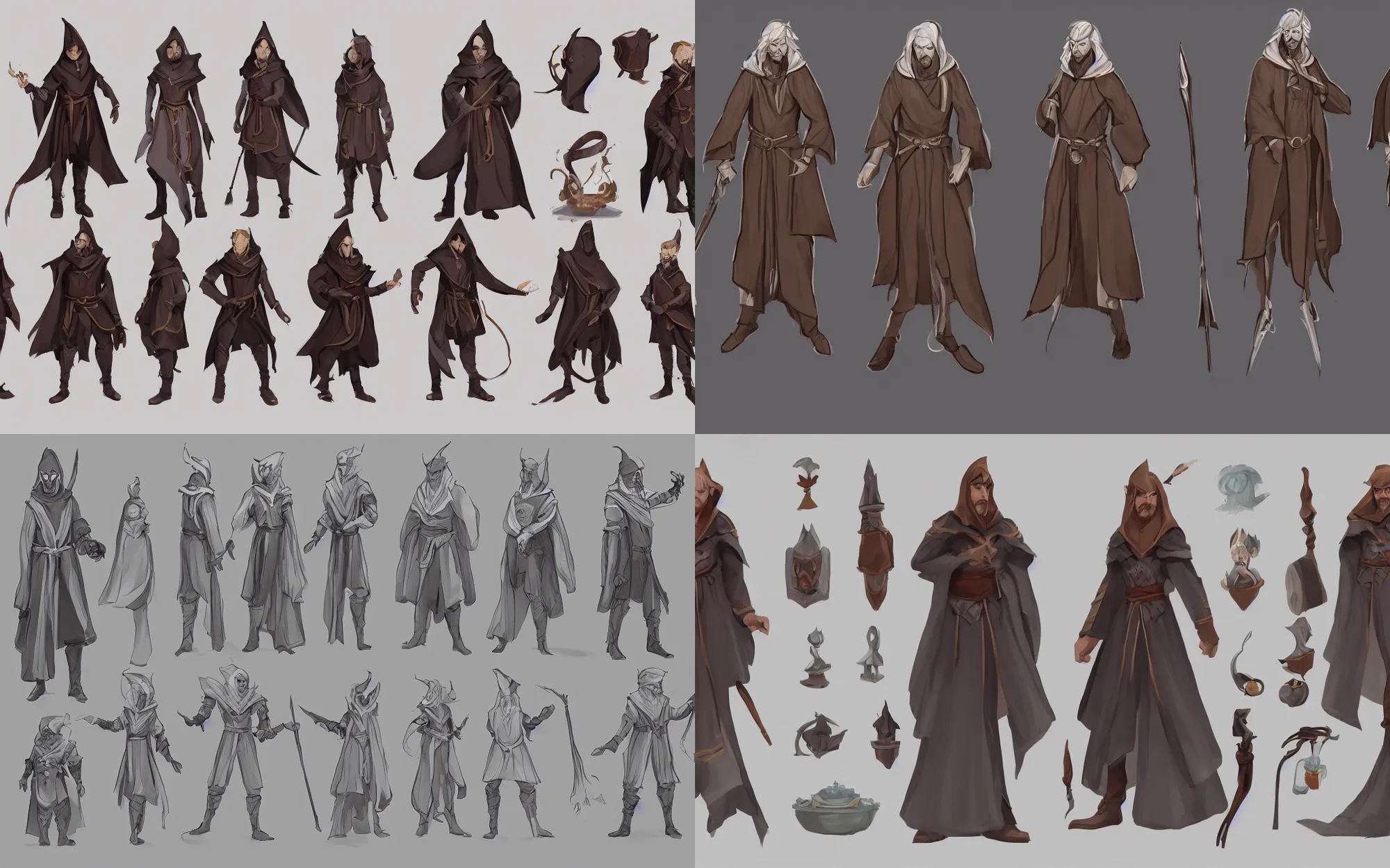 Prompt: traditional character design sheet, cinematic clean concept art of a male magic wizard, potions, belt, robes, hood, artsation, 8k,