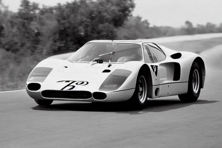 Image similar to vintage archival race footage of a single 1965 Ferrari F40, with elements of the De Tomaso Pantera, Lotus, GT40, BMW M1, and Countach, movie still, speed, cinematic Panavision 5384 film