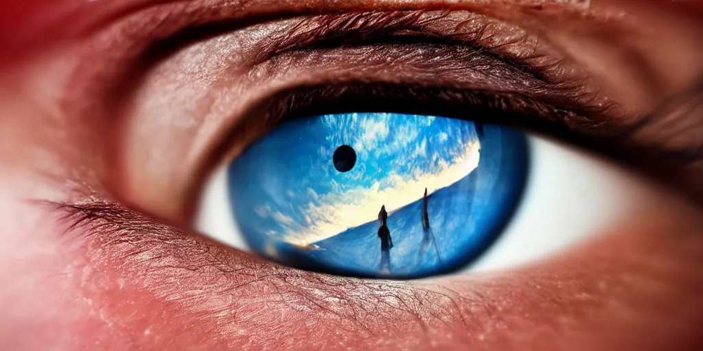 Prompt: a photo of an amazing beautiful world reflected in an eye