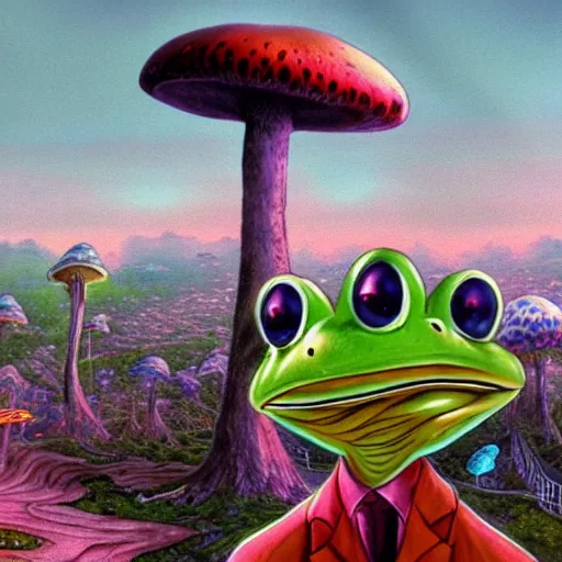 Image similar to A close up portrait of a horrifying psychedelic godlike anthropomorphic frog smoking an anime blunt , magic mushroom village in background . award winning. superb resolution. in the art style of junji Ito and greg rutkowski . Detailed Mushroom city in background. Hyper realistic anime. Perfect art. Dalle2