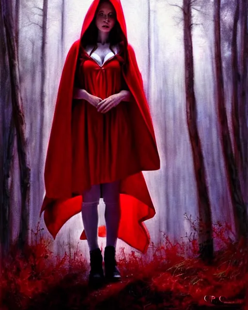 Prompt: hyperrealistic mixed media painting of beautiful little Red Riding Hood, pale smooth skin, full body, crimson red hooded robes, shadowy wolf in background, stunning 3d render inspired art by P. Craig Russell and Barry Windsor-Smith + perfect facial symmetry + dim volumetric lighting, 8k octane beautifully detailed render, post-processing, extremely hyperdetailed, intricate, epic composition, grim yet sparkling atmosphere, cinematic lighting + masterpiece, trending on artstation, very very detailed, masterpiece, stunning