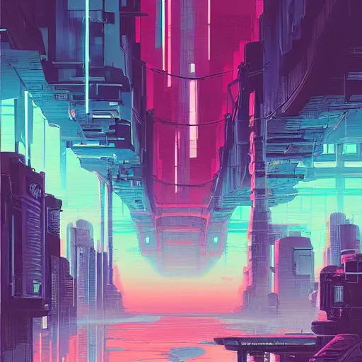 Prompt: beautiful japanese cyberpunk futuristic landscape painting, teal and pink, by tuomas korpi, dan mumford, trending on artstation