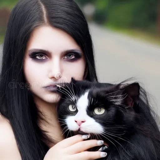 Image similar to a girl with long messy dark hair, messy goth make - up, shiny eyes, holding a cat in her arms, a stock photo by juan villafuerte, pexels contest winner, high quality photo, rtx, hd, rasquache