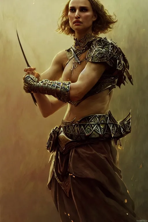 Image similar to natalie portman, legendary warrior, heroic, lord of the rings, tattoos, decorative ornaments, battle armor, by carl spitzweg, ismail inceoglu, vdragan bibin, hans thoma, greg rutkowski, alexandros pyromallis, perfect face, fine details, realistic shading photorealism