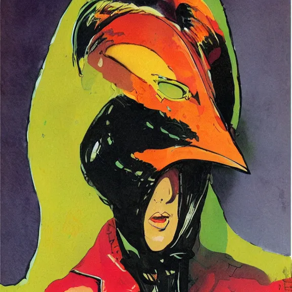 Prompt: illustration of model in plastic bird mask wearing baggy colorful 9 0 s rick owens jacket by frank frazetta. sci fi book cover.