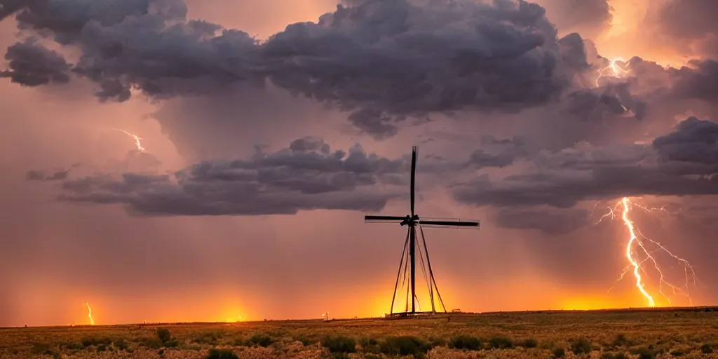 Image similar to photo of a stormy west texas sunset, perfect windmill, lightning, golden hour, high quality, beautiful!!!