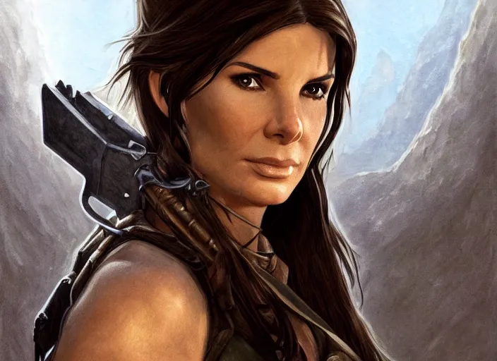 Image similar to face portrait of concentrated young Sandra Bullock as Lara Croft entering the large Minas Tirith gate, sun beams, intricate, elegant, highly detailed, centered, digital painting, artstation, concept art, smooth, sharp focus, illustration, Allan Lee, John Howe