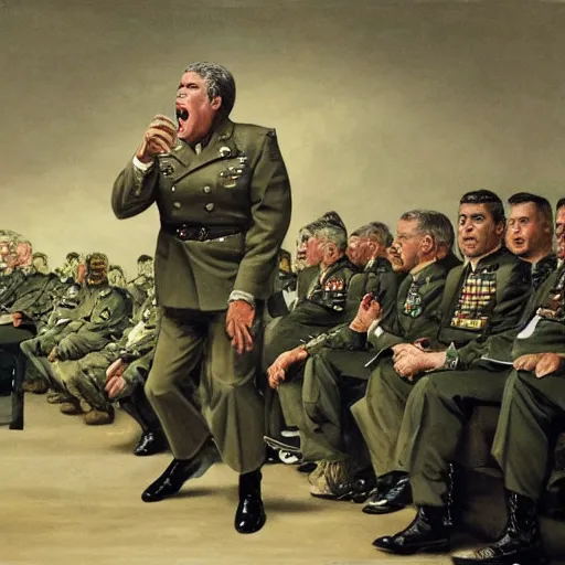 Image similar to a very large general in the army shouting at his legion of big bellied large men