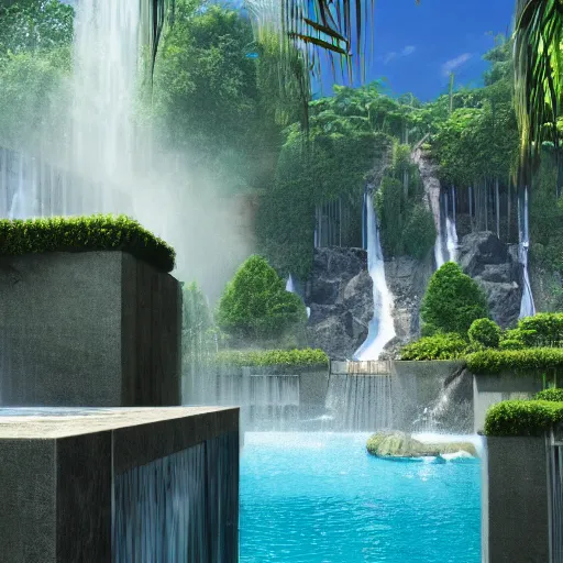 Image similar to a large swimming pool with a waterfall in the middle of it, a digital rendering by ricardo bofill, featured on tumblr, aestheticism, vray, sanctuary, rendered in unreal engine