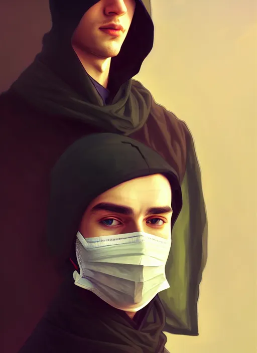 Prompt: handsome young man with black medical mask, half body shot, path traced, highly detailed, high quality, digital painting, alena aenami, lilia alvarado, shinji aramaki, karol bak, alphonse mucha, tom bagshaw