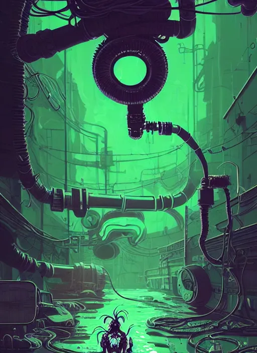 Prompt: highly detailed portrait of an moody wasteland punk long dripping green poison hair tribal lady, stray black rubber hoses by atey ghailan, james gilleard, by joe fenton, by greg rutkowski, by greg tocchini, by kaethe butcher, 4 k resolution, gradient purple, brown black and white color scheme!!! ( ( green flaming robotic sewer background ) )