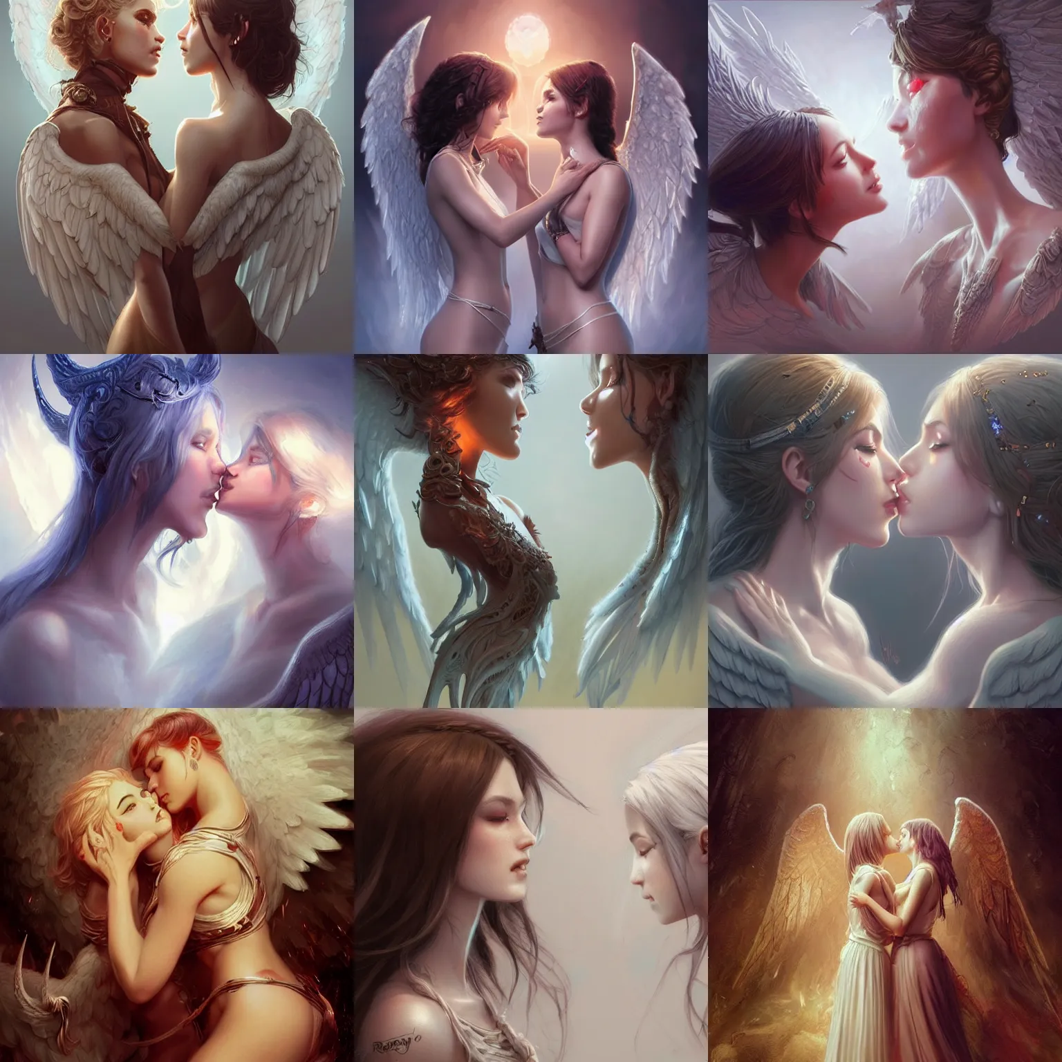 Prompt: 3d rendering of a demon girl and a angel girl kissing, fantasy, intricate, elegant, highly detailed, digital painting, artstation, concept art, art by artgerm and greg rutkowski