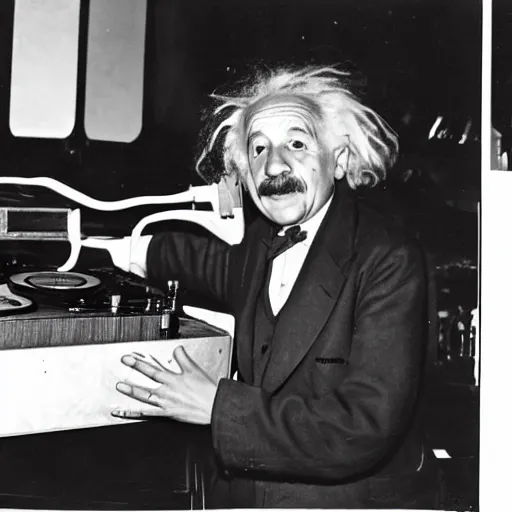 Image similar to photo of Albert Einstein DJing a record player at a nightclub, vintage, highly detailed facial features, at a nightclub