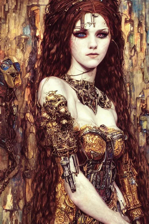 Image similar to portrait of beautiful young gothic maidens, cyberpunk, Warhammer, highly detailed, artstation, illustration, art by Gustav Klimt