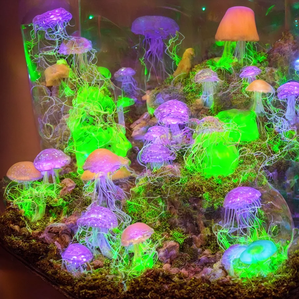 Prompt: a terrarium of bioluminescent mushrooms like jellyfish with veins