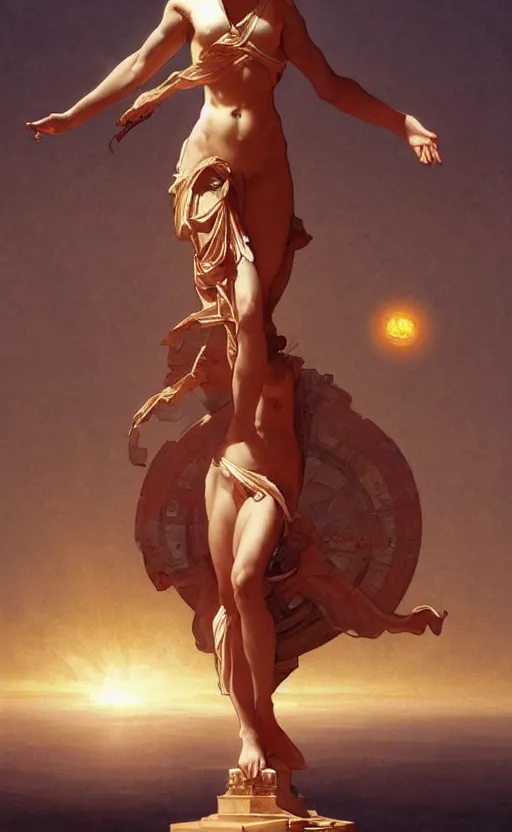 Image similar to illustration of the four armed statue of the goddess of the sun helios descending from olympus, artstation, concept art, smooth, sharp focus, illustration, art by artgerm and greg rutkowski and alphonse mucha and william adolphe bouguereau and john william waterhouse