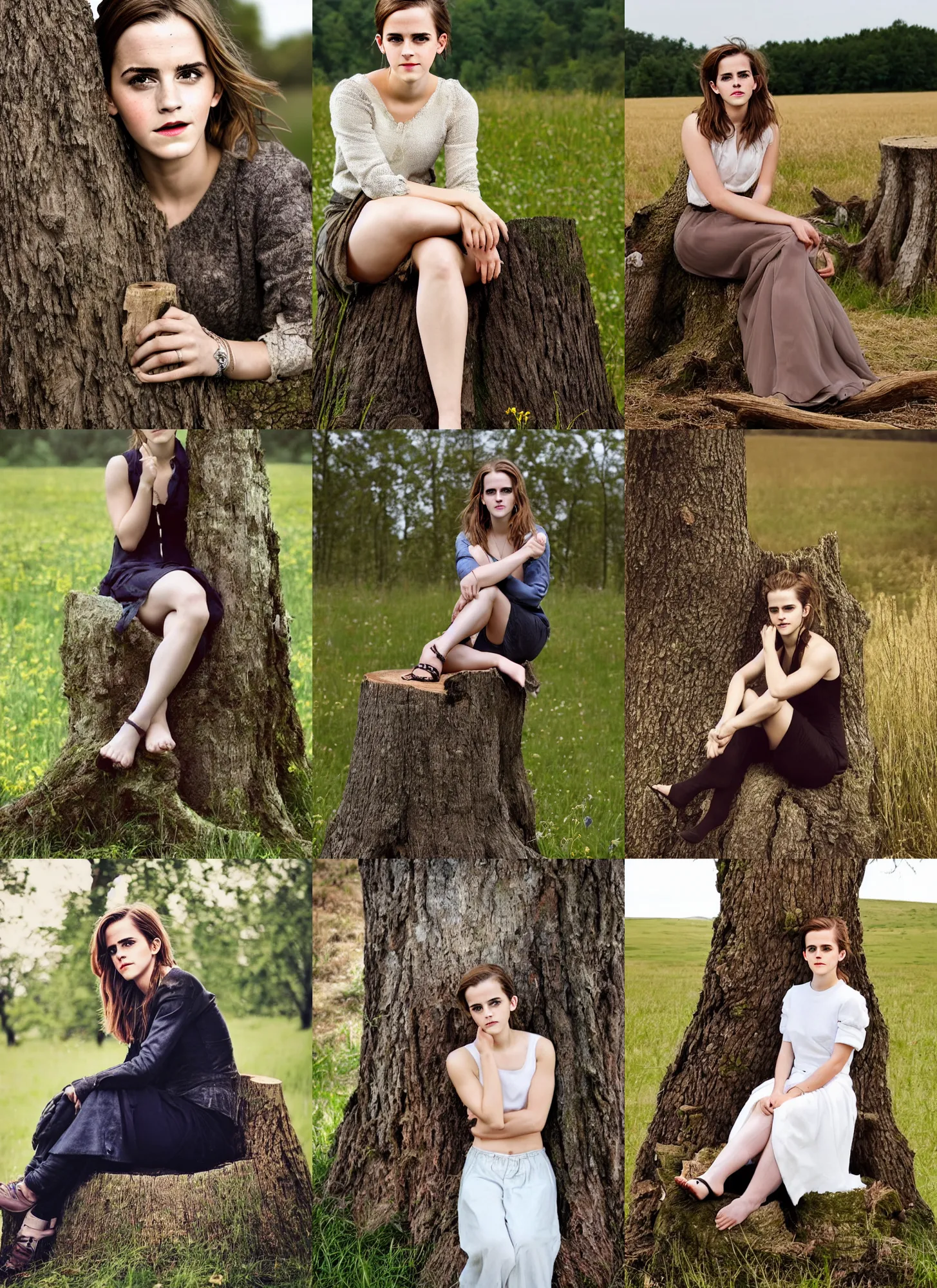 Prompt: half portrait of emma watson sitting on a tree stump in a field