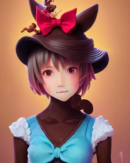 Image similar to a girl as personification of chocolate cupcake, character design, cute hats, unreal engine, highly detailed, digital illustration by artgerm, tooth wu, studio ghibli, sharp focus, artstation. ribbons, dog ears, fractal swirls. a fantasy bakery by studio ghibli, makoto shinkai, global illumination, sweets,