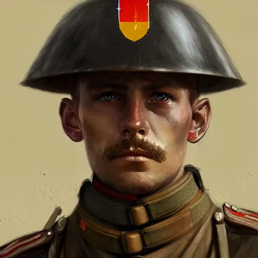 Image similar to german empire ww 1 soldier looking forward portait drawn by greg rutkowski