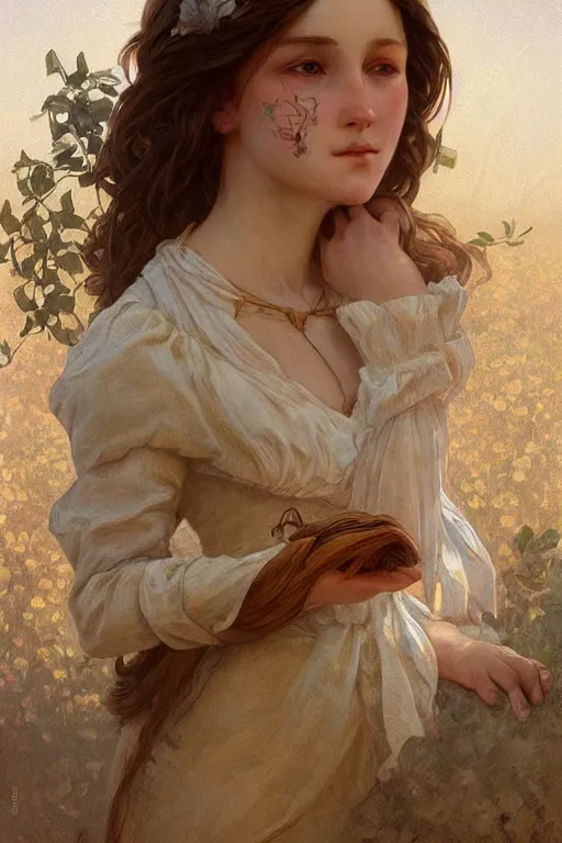 Image similar to beautiful cottagecore young peasant maiden, innocent, intricate, elegant, highly detailed, digital painting, artstation, concept art, smooth, sharp focus, illustration, art by artgerm and greg rutkowski and alphonse mucha