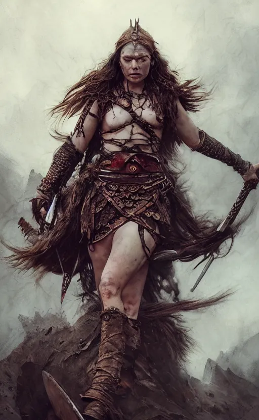 Image similar to Official photo of a majestic fierce viking woman, leader, fear, scarred, highly detailed, viking attire, cinematic, 8k, 1080s, by Stanley Artgermm, Tom Bagshaw, Greg Rutkowski, Vincent di Fate, Carne Griffiths, Ayami Kojima, trending on DeviantArt, hyper detailed, full of color, digital art