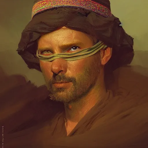 Prompt: portrait of a blindfolded man in baggy multicolored robes and a large straw hat, detailed face, highly detailed, cinematic lighting, digital art painting by greg rutkowski