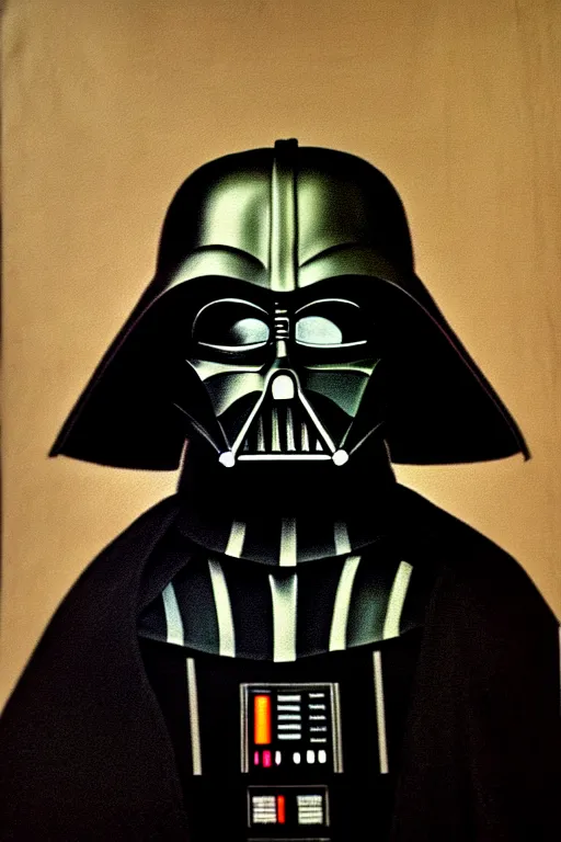 Prompt: high quality celebrity portrait of darth vader, painted by the old dutch masters, rembrandt, hieronymous bosch, frans hals, symmetrical detail, propaganda poster style