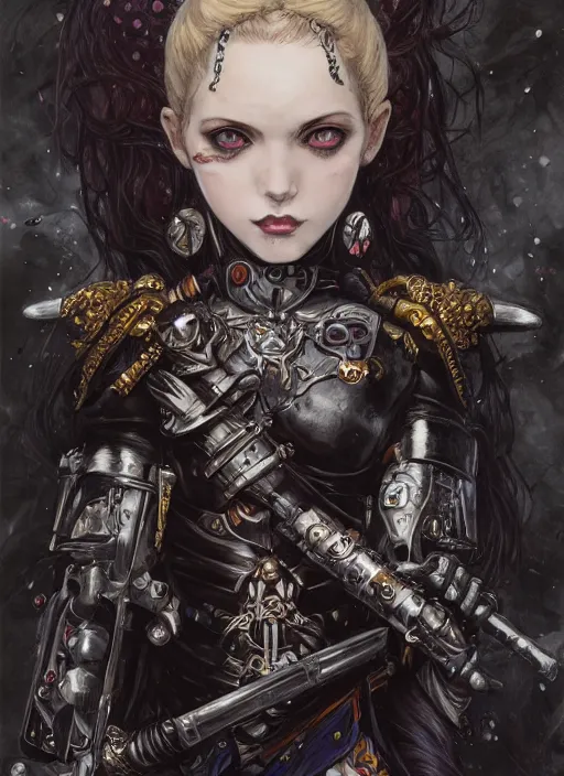 Image similar to portrait of cute beautiful young goth sister of battle from Warhammer, cyberpunk, Warhammer 40000, gothic, highly detailed, artstation, illustration, art by Gustav Klimt and Range Murata