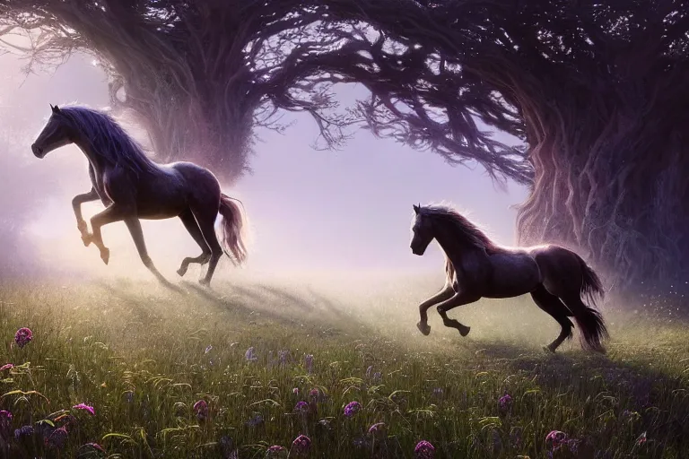 Prompt: a stunning horse with a mane of bioluminescent vines and flowers running through a meadow by greg rutkowski, high key lighting, volumetric light, digital art, highly detailed, fine detail, intricate, ornate, complex, octane render, unreal engine, photorealistic