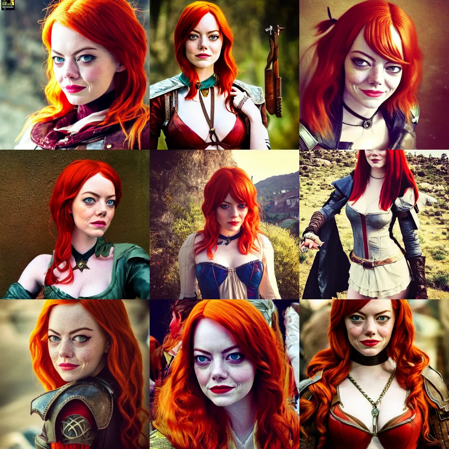 Prompt: Emma Stone as a cosplay of Triss Merigold from The Witcher videogame, portrait photography, instagram, comic-con footage, very beautiful cosplay