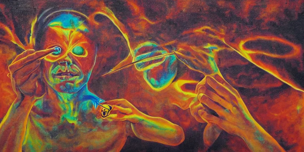 Image similar to a psychedelic surreal painting of a man removing a nail made of energy from his third eye