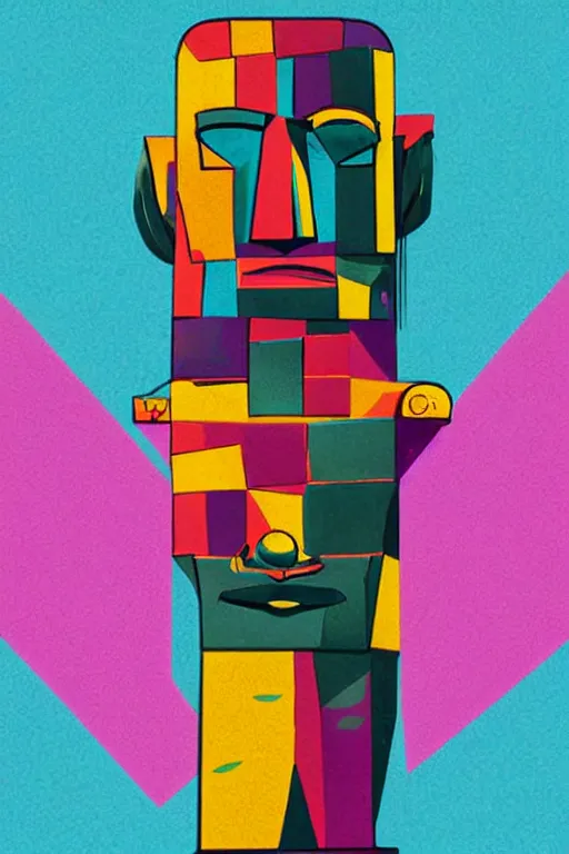 Image similar to cubist moai statue cutout digital illustration cartoon colorful beeple