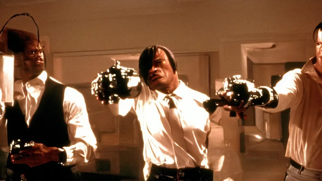 Image similar to movie still of pulp fiction with robots, movie still, cinematic composition, cinematic light, by edgar wright and david lynch