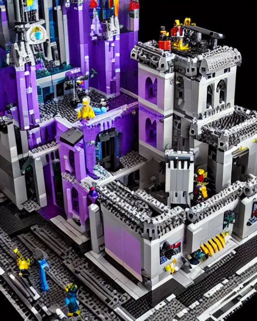 Image similar to a high quality photograph of an intricate complex lego set of a realistic cyberpunk castle