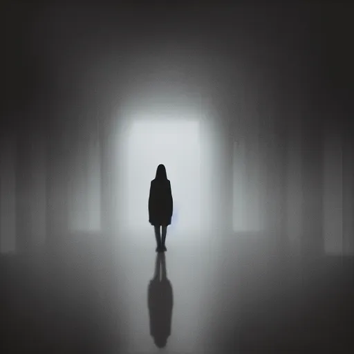 Prompt: dim lights shining through dark fog, emptiness, silhouette of a girl standing small, skirt, spooky found footage, dramatic contrast, vast empty hall, trending on artstation
