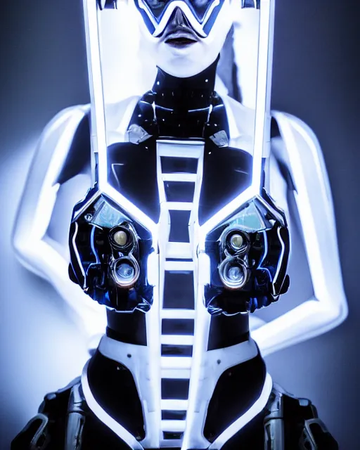 Prompt: low angle portrait photo by bouguereau of female dancer as a cyberpunk mecha humanoid robotic parts wearing goggles with led lights, inside white room, ultra - realistic and detailed, 8 k