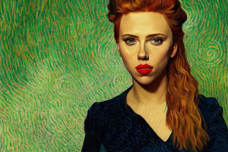 Prompt: beautiful portrait of scarlett johansson painted by van gogh