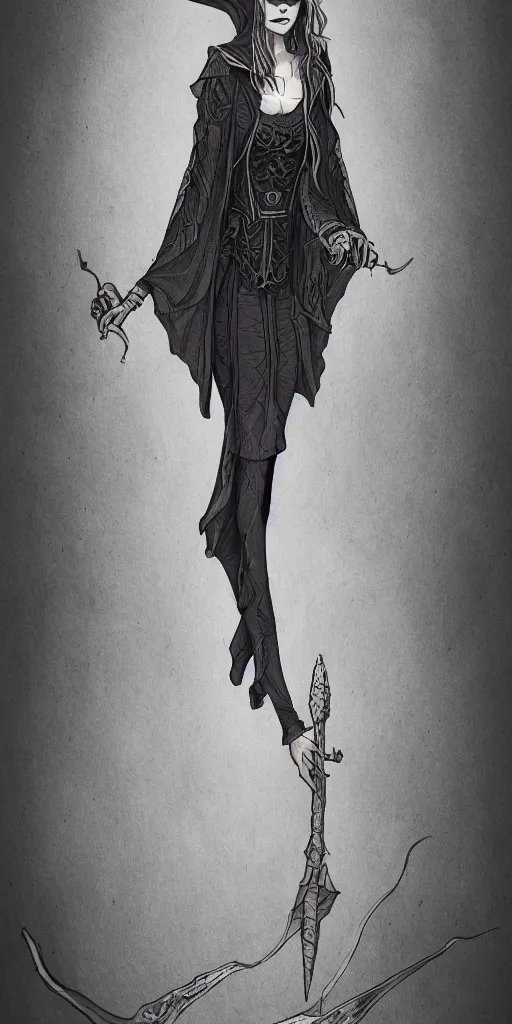 Image similar to illustration of a lady wizard, gloomy, sharp, detailed, 4k, full body