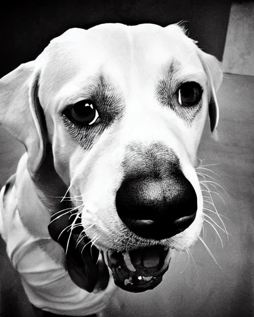 Image similar to portrait of a dog with ice cream dripping from its nose, detailed medium format photo, polaroid still, black and white, helmut newton, high production value, intricate details, high resolution, hyperrealistic, hdr, high definition, award winning photography, masterpiece, ultra realistic, highly detailed, hd, sharp focus, cinematic lighting, shaded, non blurry, sharp, smooth