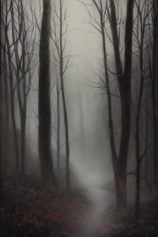 Image similar to dark and spooky woods. atmospheric, foggy, oil painting on canvas. fairytale with a wolf with glowing white eyes