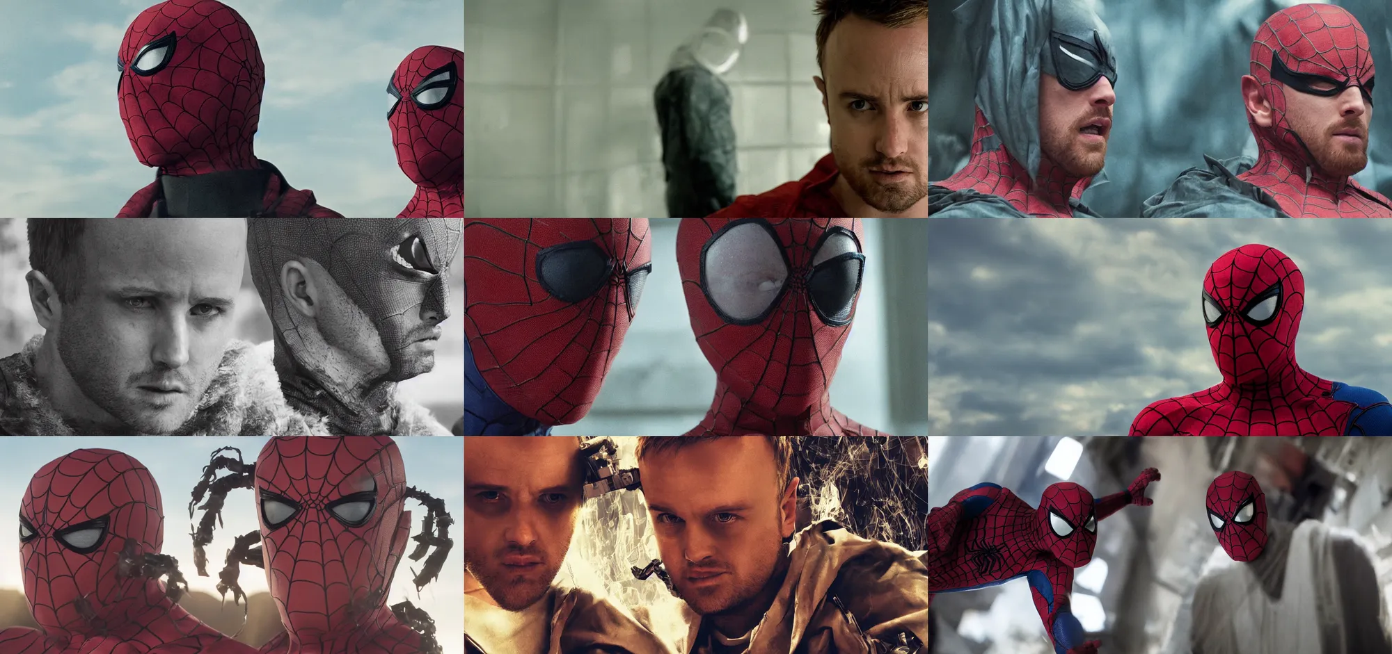 Prompt: Jesse Pinkman unmasked in a Spider-Man suit, film still, close-up, cinematic lens, heroic portrait