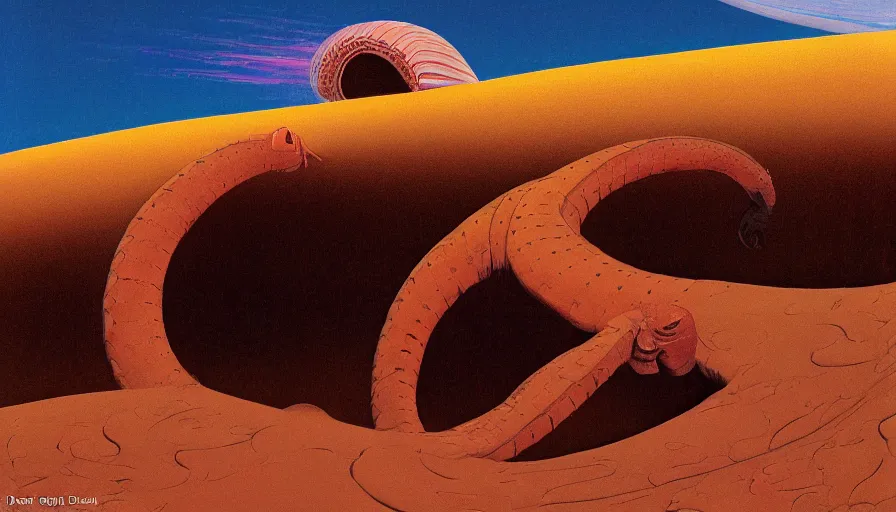 Prompt: a giant sandworm bursting out of the sand on a mountainous desert planet, by roger dean, by dean ellis, by moebius, oil on canvas, highly detailed, soft lighting