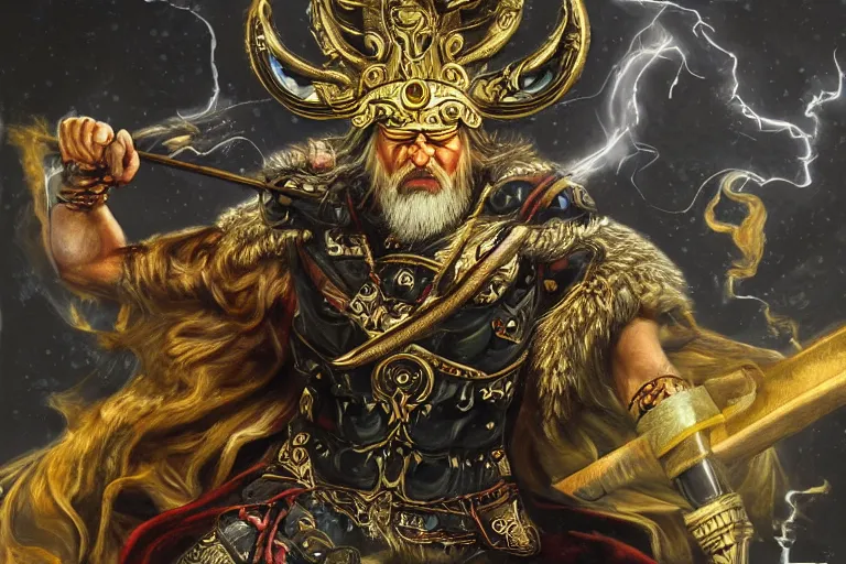 Image similar to mythological angry odin all father supreme God of thunder and smithing and artificial intelligence creating an artificial neural network with gold synapses on an anvil with his mighty hammer, high resolution, award winning art, trending on art station, sharp image, incredibly detailed, detailed character, realistic painting, hyper-realistic painting, coherent painting, master piece by Kyozu Aroyama