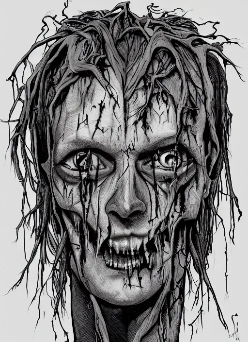 Prompt: in the style of joshua middleton, a decrepit zombie, evil dead demon, evil dead movie, lovecraftian, symmetrical eyes, symmetrical face, branches, cinematic lighting, evil dead creature, scary